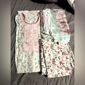 Sea green printed cotton suit with pant with dupatta